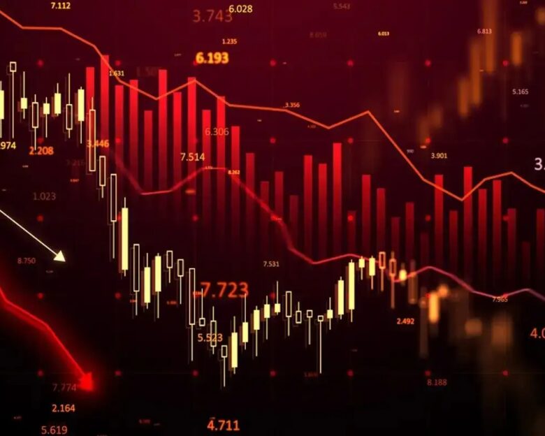 Financial chart with red candlesticks and arrows, glowing numbers, and a dark gradient background. Concept of a stock market crisis. 3D Rendering.