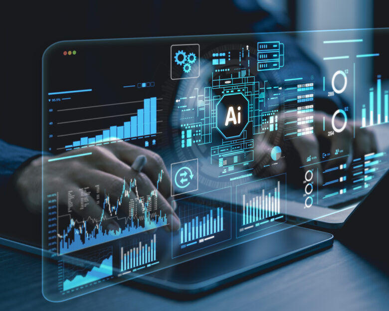 AI, data analysis. Business people use AI to analyze financial related data. big data Complex performance measurement With modern innovative technology