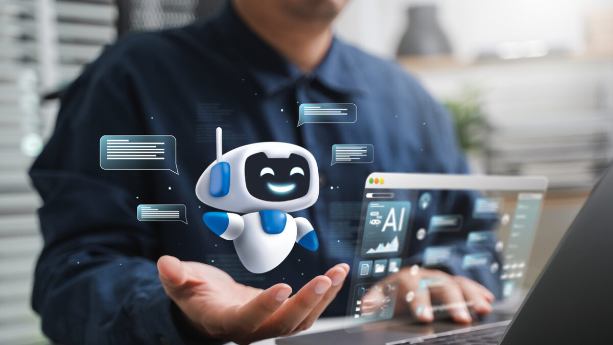 AI content creation tools: Man uses laptop with AI assistant for graphic design, translation, chatbot, image creation, coding, and advertising.