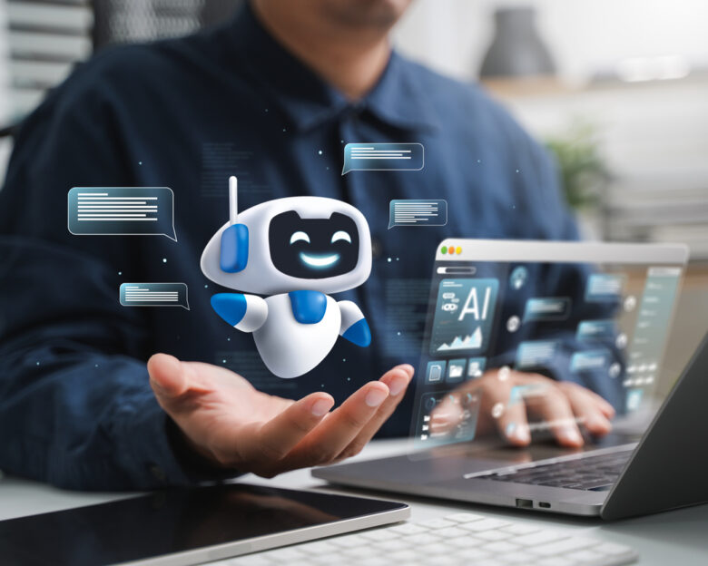 AI content creation tools: Man uses laptop with AI assistant for graphic design, translation, chatbot, image creation, coding, and advertising.