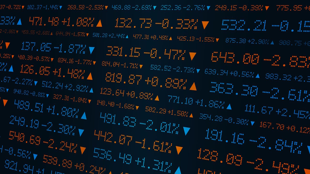 Digital stock ticker board with numbers and percentage changes in blue and orange, symbolizing finance, trading, and global market activity.