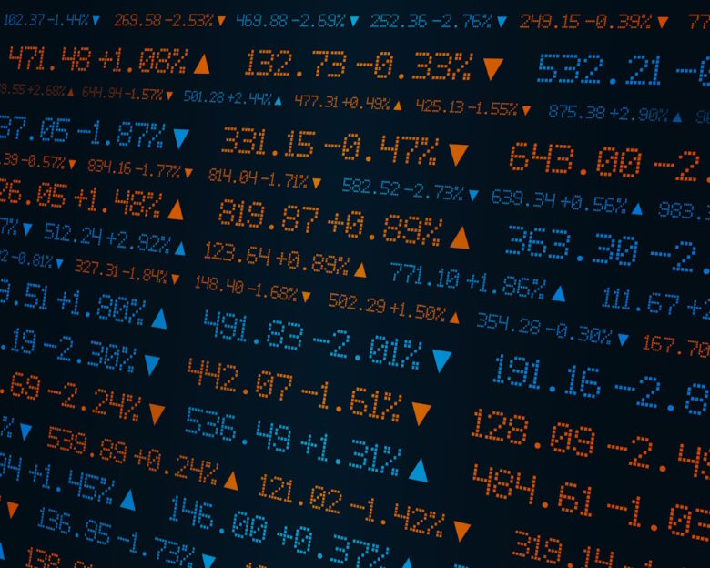Digital stock ticker board with numbers and percentage changes in blue and orange, symbolizing finance, trading, and global market activity.