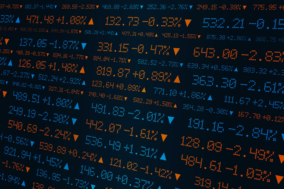 Digital stock ticker board with numbers and percentage changes in blue and orange, symbolizing finance, trading, and global market activity.