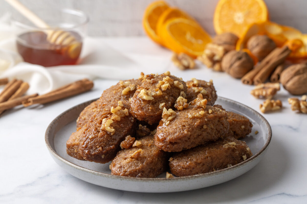 Close-up of homemade greek traditional melomakarona cookies