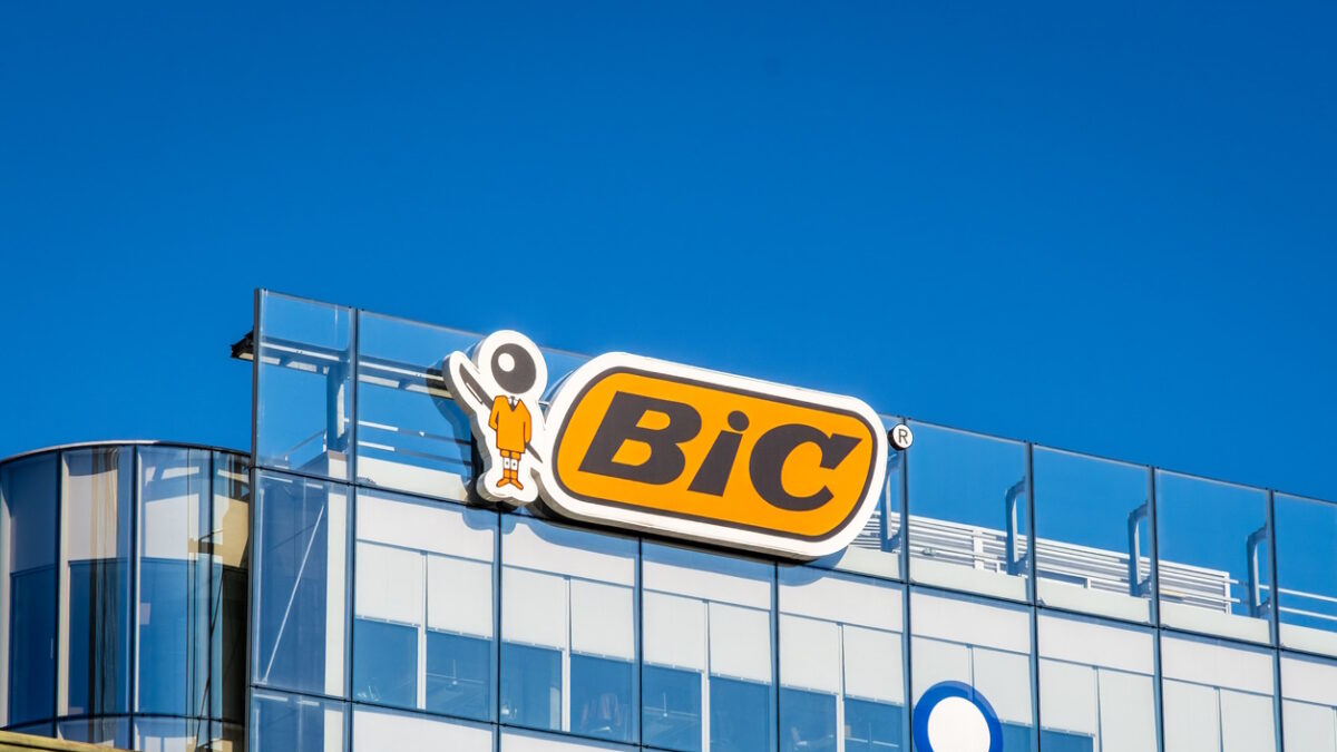 Clichy, France - April 7, 2026: Logo on the headquarters of BIC, a French manufacturing company founded in 1945 by Marcel Bich, producing disposable items like ballpoint pens, lighters, and razors.