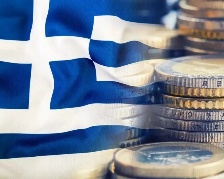 Colorful waving greece flag on a euro money background