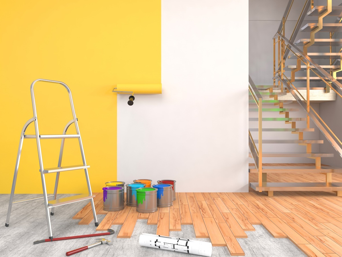 Repair and painting of walls in room. 3D illustration