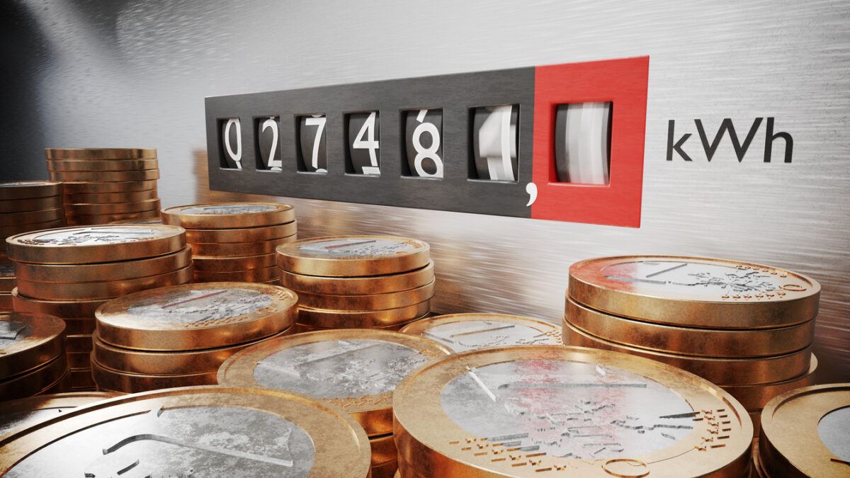 Electrometer is measuring power consumption. Coins in foreground. Expensive electricity concept. 3D rendered illustration.