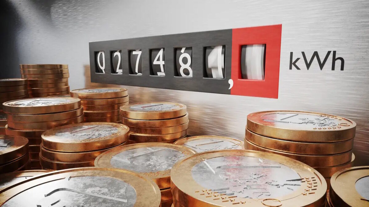 Electrometer is measuring power consumption. Coins in foreground. Expensive electricity concept. 3D rendered illustration.