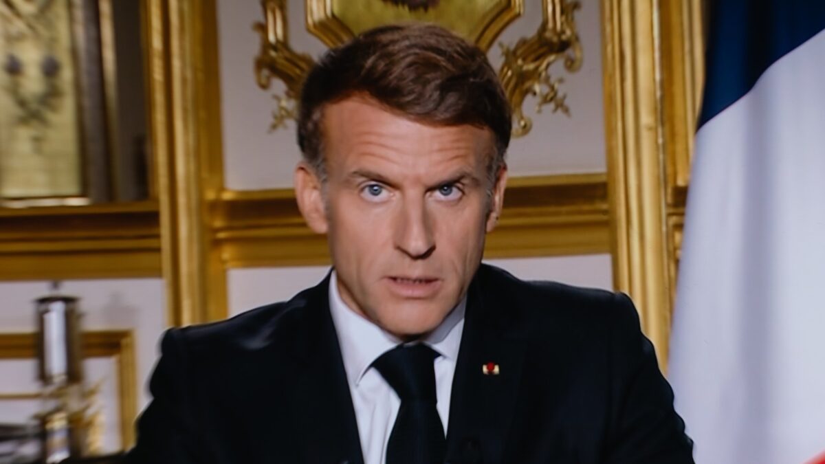 October 18, 2026, Paris, France, France: This photograph shows a television monitor broadcasting France s President Emmanuel Macron giving a speech from the Elysee Presidential Palace the day after riots and looting on the sidelines of nationwide protests against the high cost of living. On October 17, 550 000 people took part in demonstrations against the high cost of living, including 110 000 in Paris, according to official figures. In many cities across France, the day of protests descended into chaos, marked by clashes and looting.,Image: 1144498924, License: Rights-managed, Restrictions: * Belgium, Denmark, France and Germany Out *, Model Release: no ,