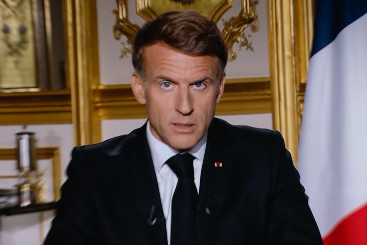 October 18, 2026, Paris, France, France: This photograph shows a television monitor broadcasting France s President Emmanuel Macron giving a speech from the Elysee Presidential Palace the day after riots and looting on the sidelines of nationwide protests against the high cost of living. On October 17, 550 000 people took part in demonstrations against the high cost of living, including 110 000 in Paris, according to official figures. In many cities across France, the day of protests descended into chaos, marked by clashes and looting.,Image: 1144498924, License: Rights-managed, Restrictions: * Belgium, Denmark, France and Germany Out *, Model Release: no ,