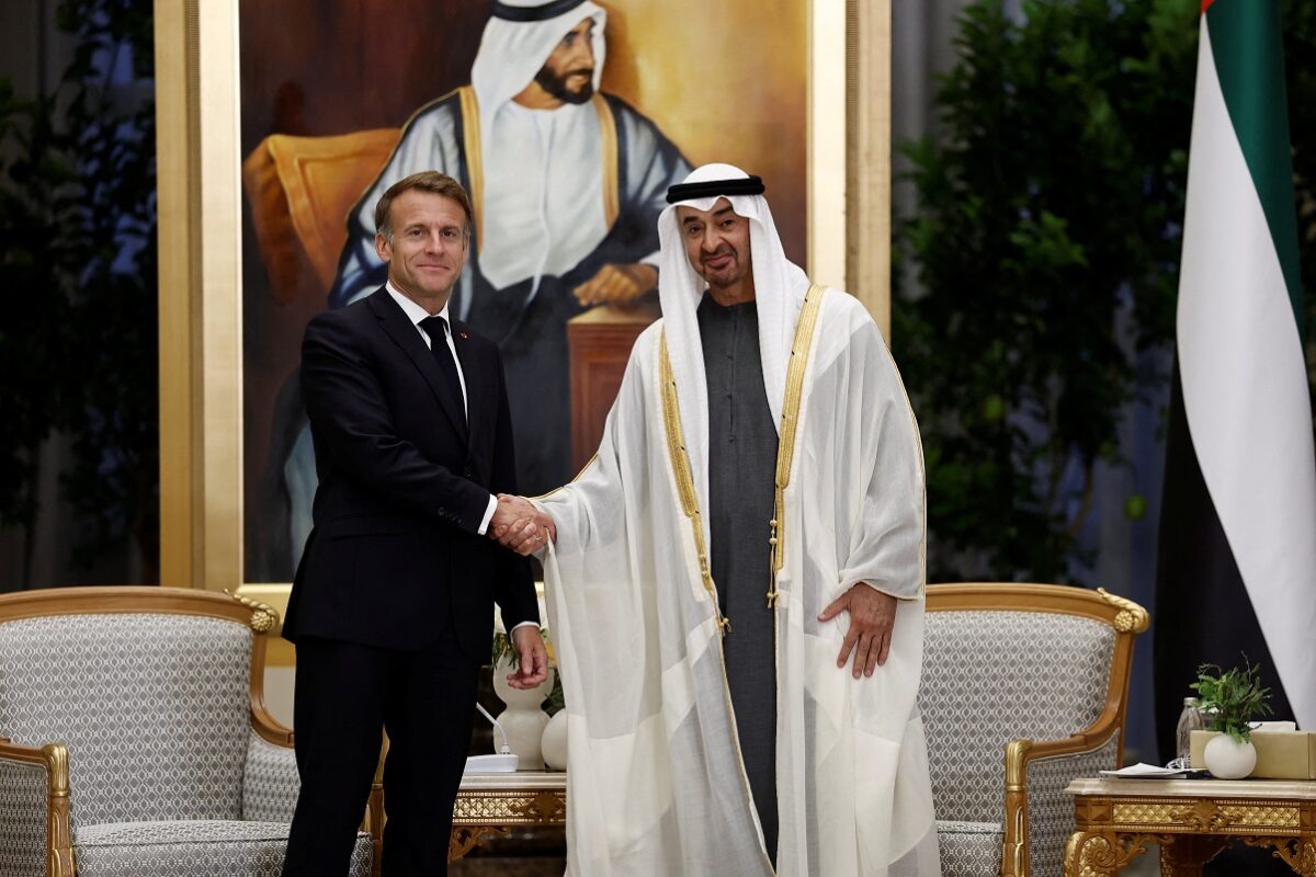 French President Emmanuel Macron shakes hands with Sheikh Mohamed bin Zayed Al Nahyan, President of the United Arab Emirates (UAE), during a meeting at Qasr Al Watan presidential palace in Abu Dhabi, United Arab Emirates, October 19, 2026. REUTERS
