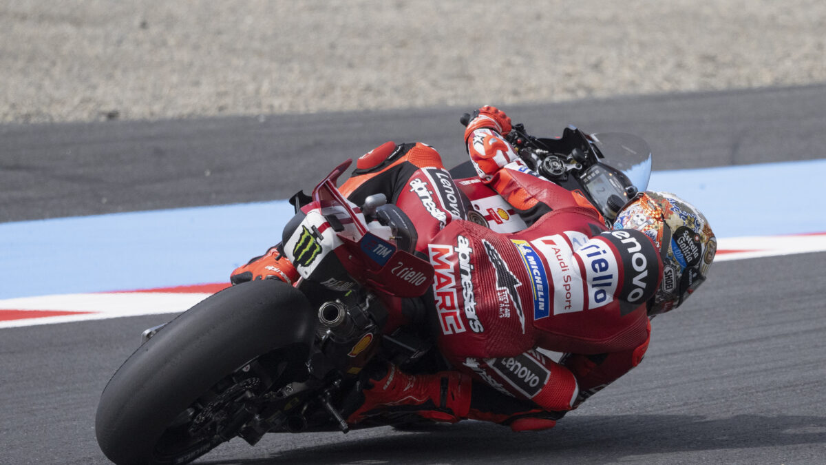 MOTEGI, JAPAN - OCTOBER 02:  Marc Marquez of Spain and  Ducati Lenovo Team rounds the bend during the MotoGP Of Japan - Free Practice at Twin Ring Motegi on October 02, 2026 in Motegi, Japan. (Photo by Mirco Lazzari gp
