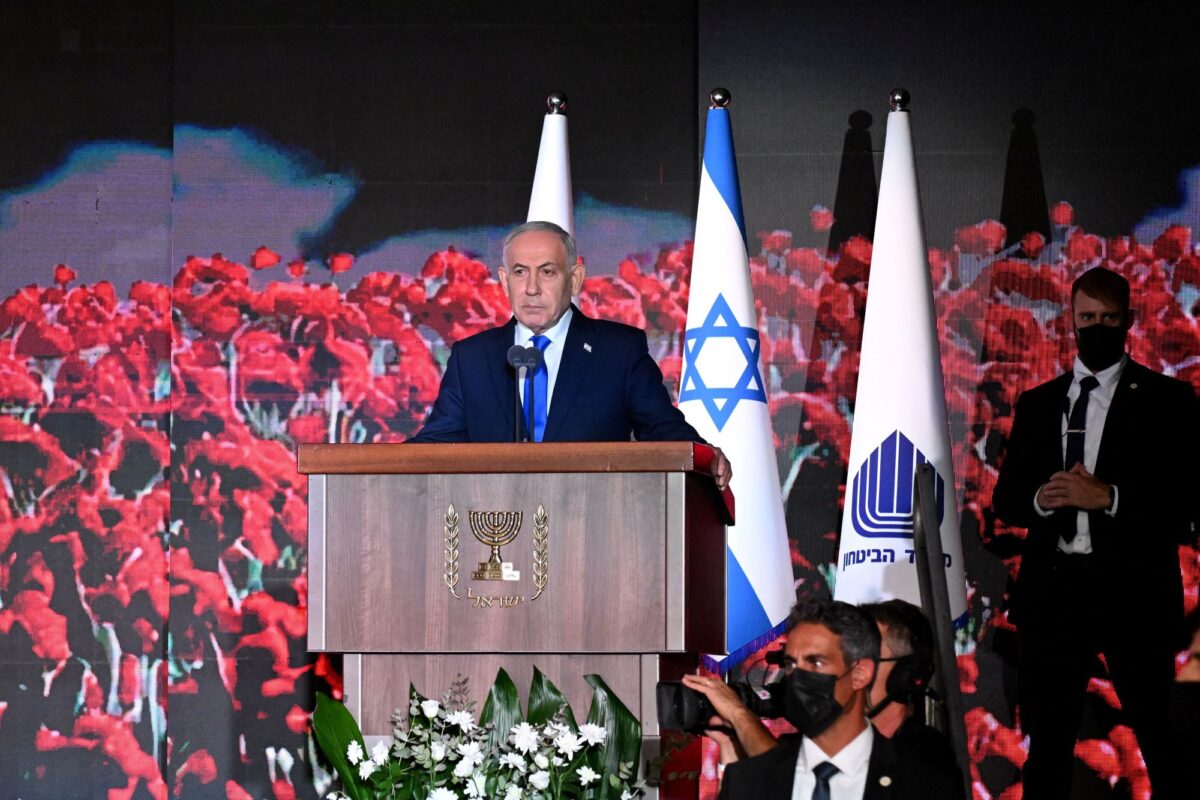 Israeli Prime Minister Benjamin Netanyahu speaks at the State Memorial Ceremony for the three year anniversary of the October 7, 2023, Hamas attack, in remembrance of Israel Defense Forces and security members who fell in the War of Redemption in the Mt. Herzl Cemetery, Jerusalem, on Monday, October 5, 2026. DEBBIE HILL