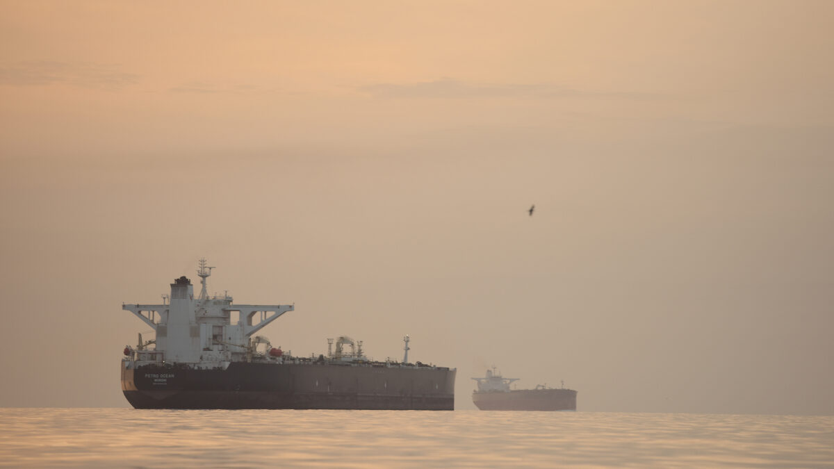 Tankers anchored in the Strait of Hormuz off the coast of Qeshm Island, Iran, Saturday, April 18, 2026.