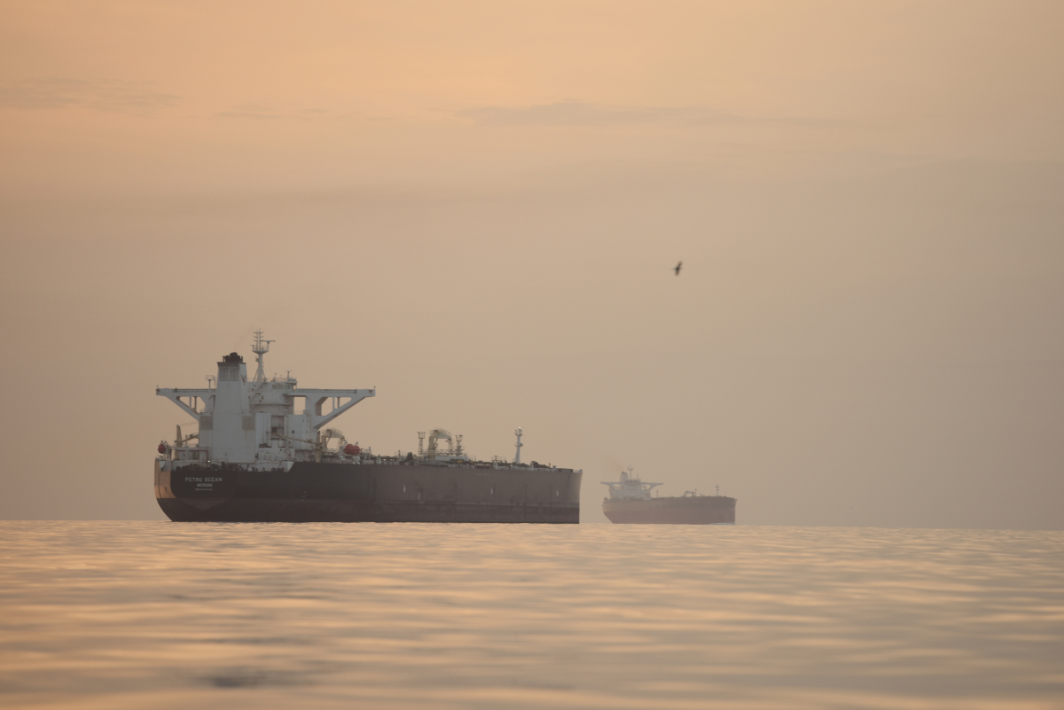 Tankers anchored in the Strait of Hormuz off the coast of Qeshm Island, Iran, Saturday, April 18, 2026.