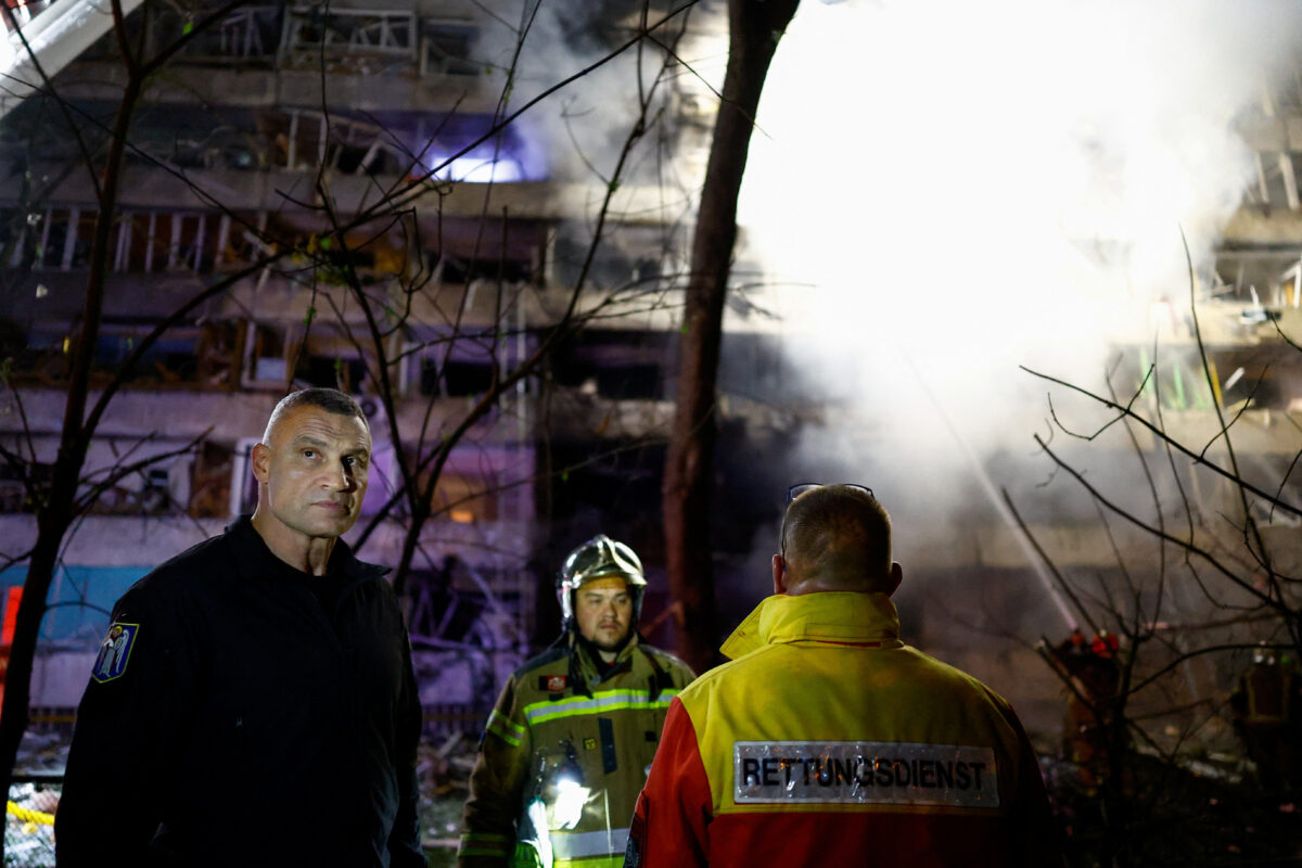 Kyiv mayor Vitali Klitschko at the site of an apartment building damaged by a Russian missile strike, amid Russia's attack on Ukraine, in Kyiv, Ukraine October 14, 2026. REUTERS