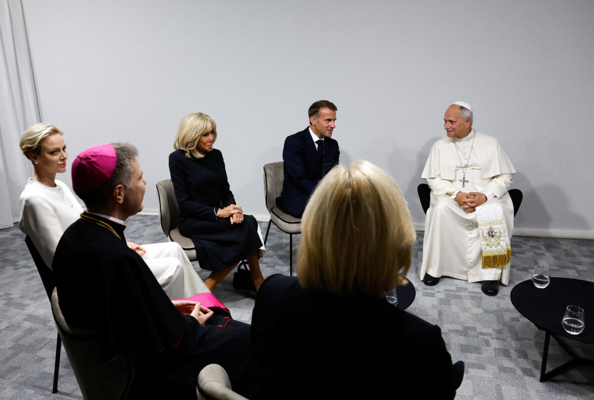Pope Leo attends a meeting with French President Emmanuel Macron and his wife Brigitte Macron, Princess Charlene of Monaco, and Germany's Saarland state Premier Anke Rehlinger, at the Robert Schuman convention centre in Metz, as part of Pope Leo's four-day apostolic journey to France, September 28, 2026. REUTERS