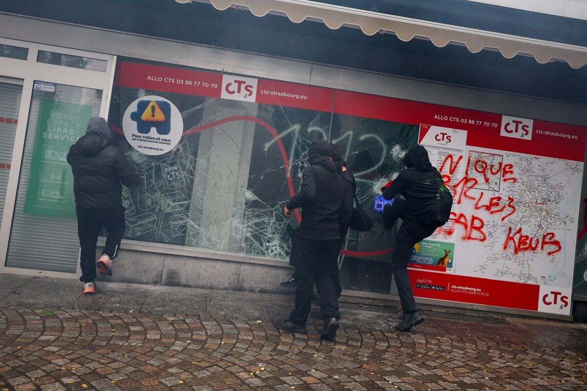 People break a show window as they take part in clashes following a demonstration, as part of nationwide protests called by the "Yellow Vests" movement against the cost of living and rising fuel prices, Strasbourg, France, October 17, 2026. REUTERS