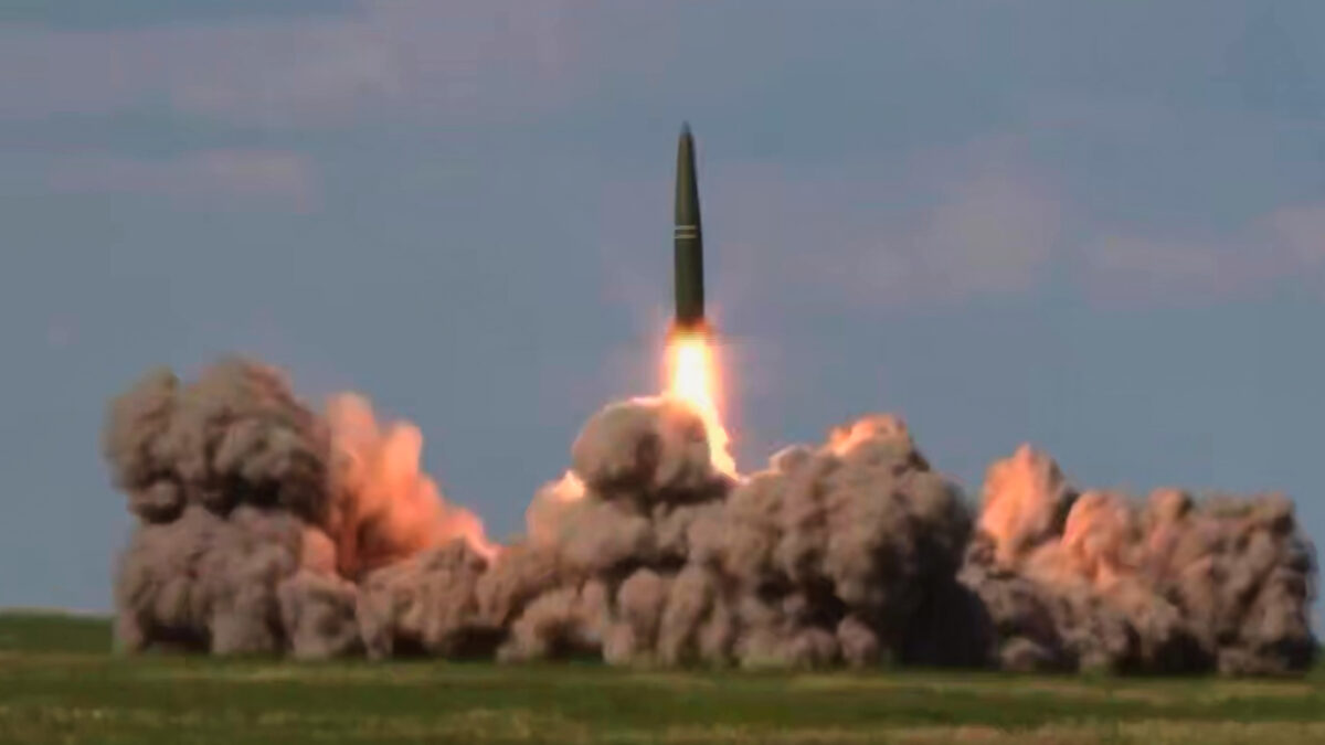 In this image made from video provided by Russian Defense Ministry Press Service on Thursday, May 21, 2026, An Iskander missile is launched by a Belarusian crew from the Kapustin Yar firing range in Russia during joint nuclear drills conducted by Russian and Belarusian militaries.