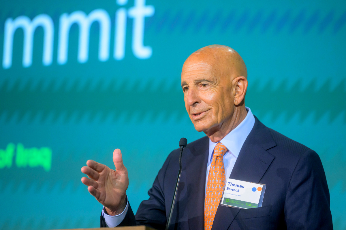 Tom Barrack, the U.S. ambassador to Turkey and special presidential envoy to Syria and Iraq, speaks at the U.S. Iraq Business Summit at the U.S. Chamber of Commerce, Friday, July 17, 2026, in Washington.
