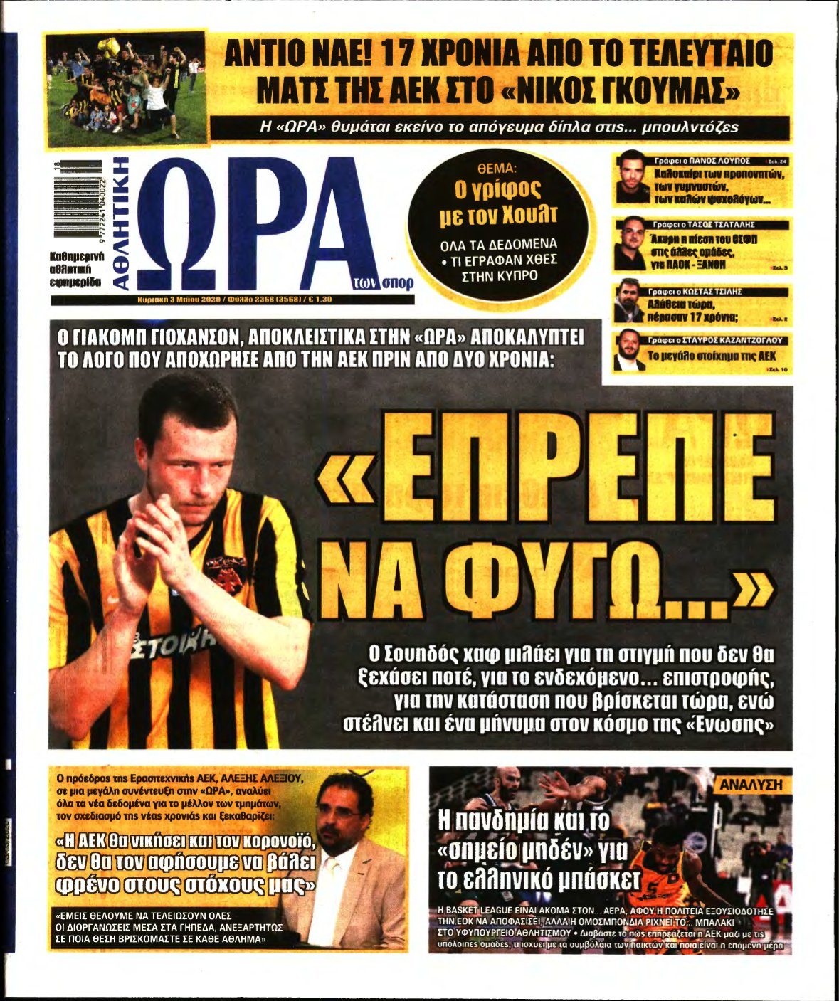 ΩΡΑ ΤΩΝ ΣΠΟΡ ΤΗΣ ΚΥΡΙΑΚΗΣ – 03/05/2020