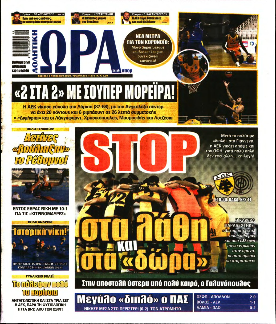 ΩΡΑ ΤΩΝ ΣΠΟΡ ΤΗΣ ΚΥΡΙΑΚΗΣ – 01/11/2020