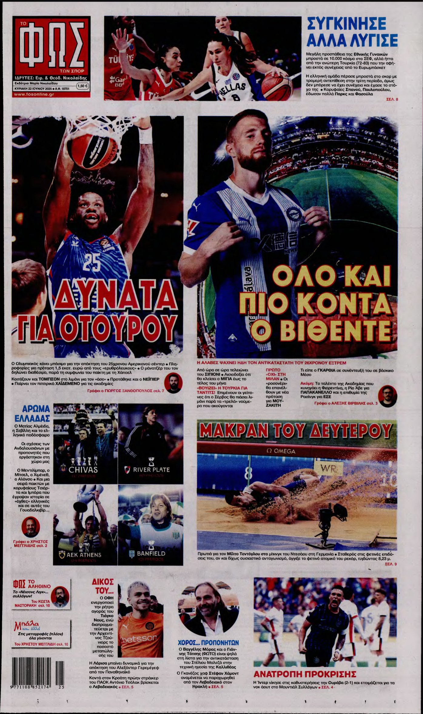 ΦΩΣ ΤΩΝ ΣΠΟΡ ΤΗΣ ΚΥΡΙΑΚΗΣ – 22/06/2025
