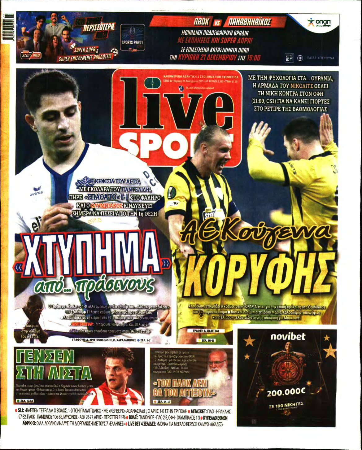 LIVE SPORT ΚΥΡΙΑΚΗΣ – 21/12/2025